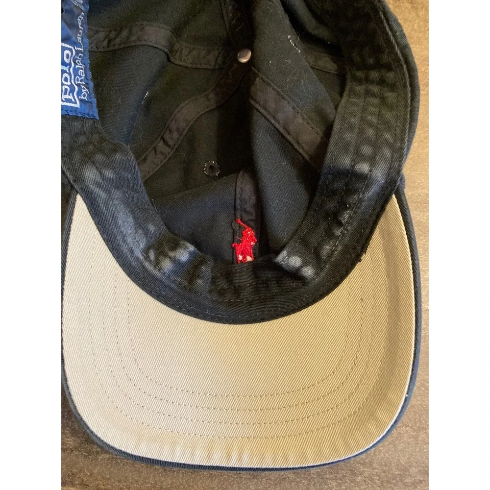 Polo Ralph Lauren Black Cotton Baseball Cap Red Pony Leather Strapback Hat